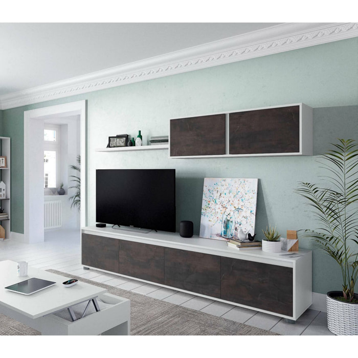 Parete attrezzata Amir, Mobile da soggiorno porta TV, Composizione set salotto, Set salotto con pensile, 200x41h43 cm, Bianco e Ossido