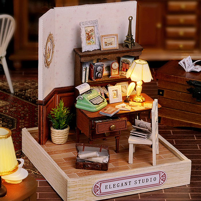 Colección Rincón de la felicidad, Estudio elegante. Maqueta 3D realista con gran detalle y luces led.
