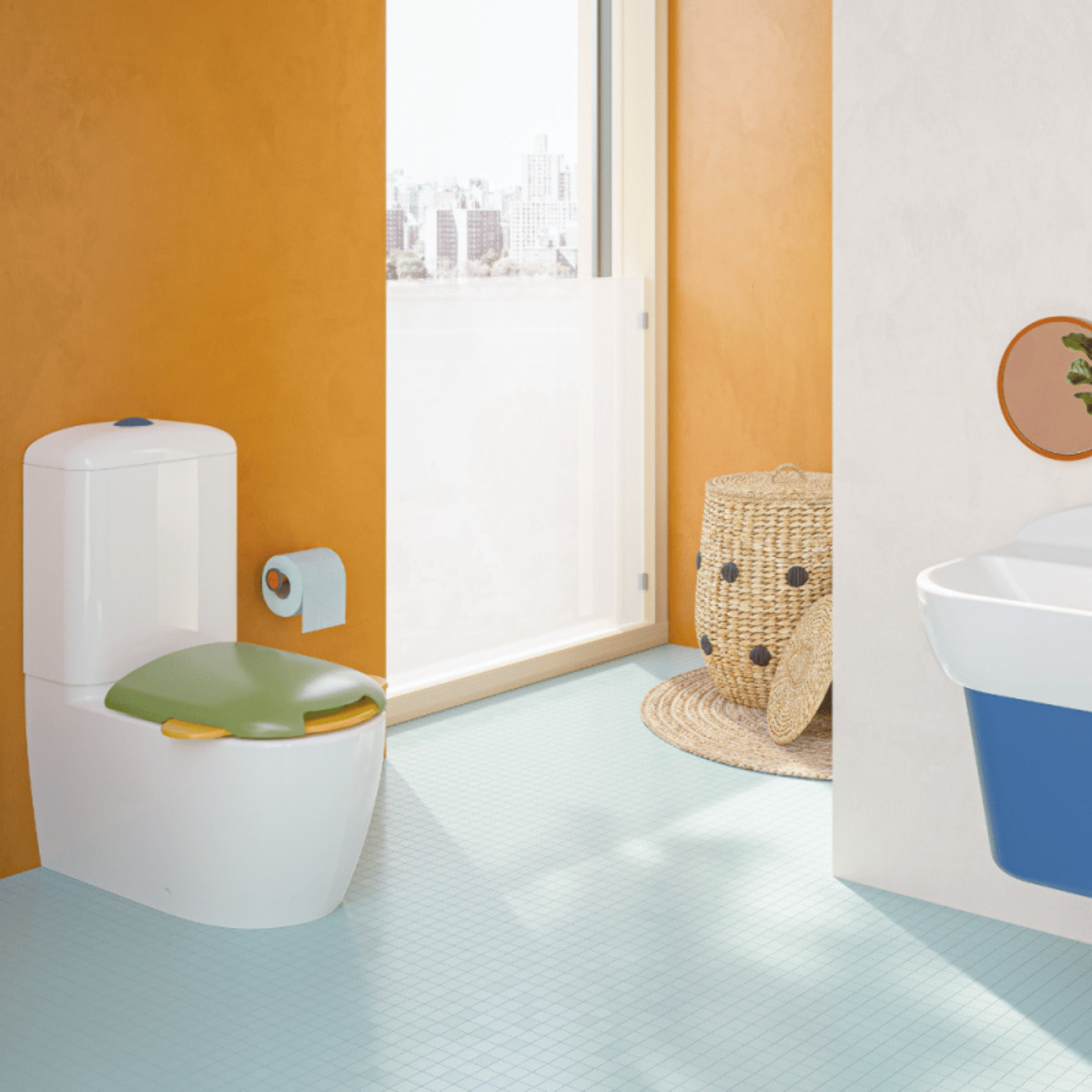 WC à poser sans bride Sento Kids Blanc + réservoir + abattant vert et jaune