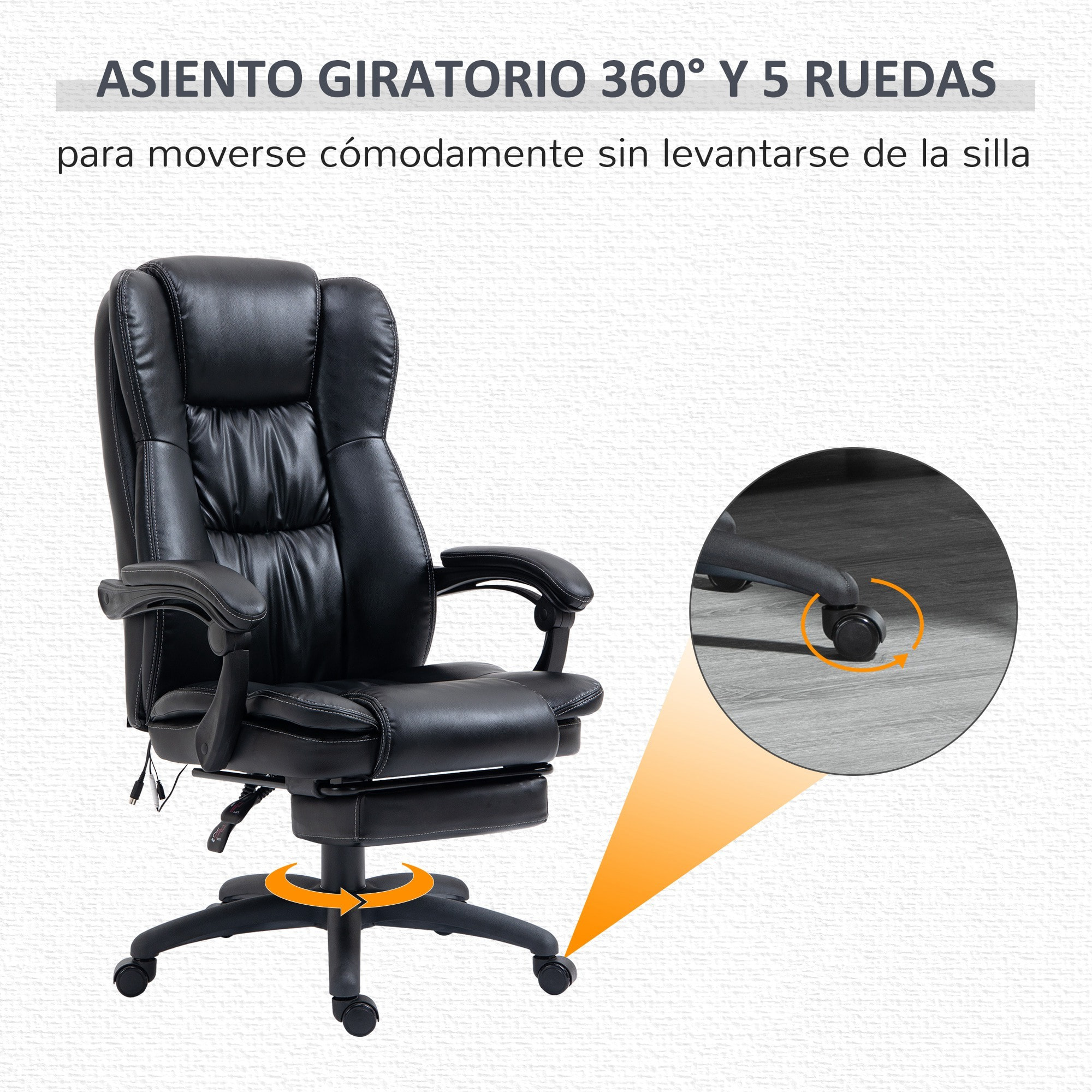 Silla de Masaje con 6 Puntos de Masaje Silla de Oficina Giratoria Silla de Despacho Reclinable con Altura Ajustable Reposapiés Retráctil y Control Remoto 68,5x68,5x113-121 cm Negro