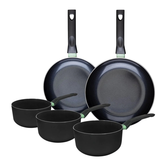 Ensemble de 2 poêles de 24 et 28 cm et 3 casseroles 16, 18 et 20 cm Fackelmann Brandao