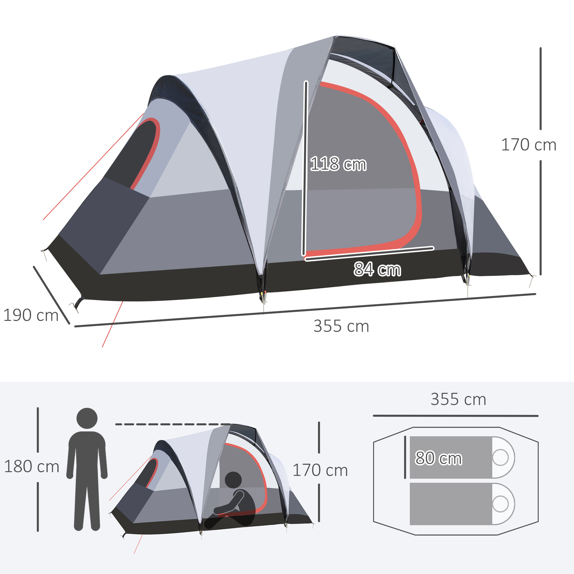 Tente de camping 2-3 personnes - fenêtres à mailles double couche - sac de transport - dim. 355L x 190l x 170H cm - polyester gris