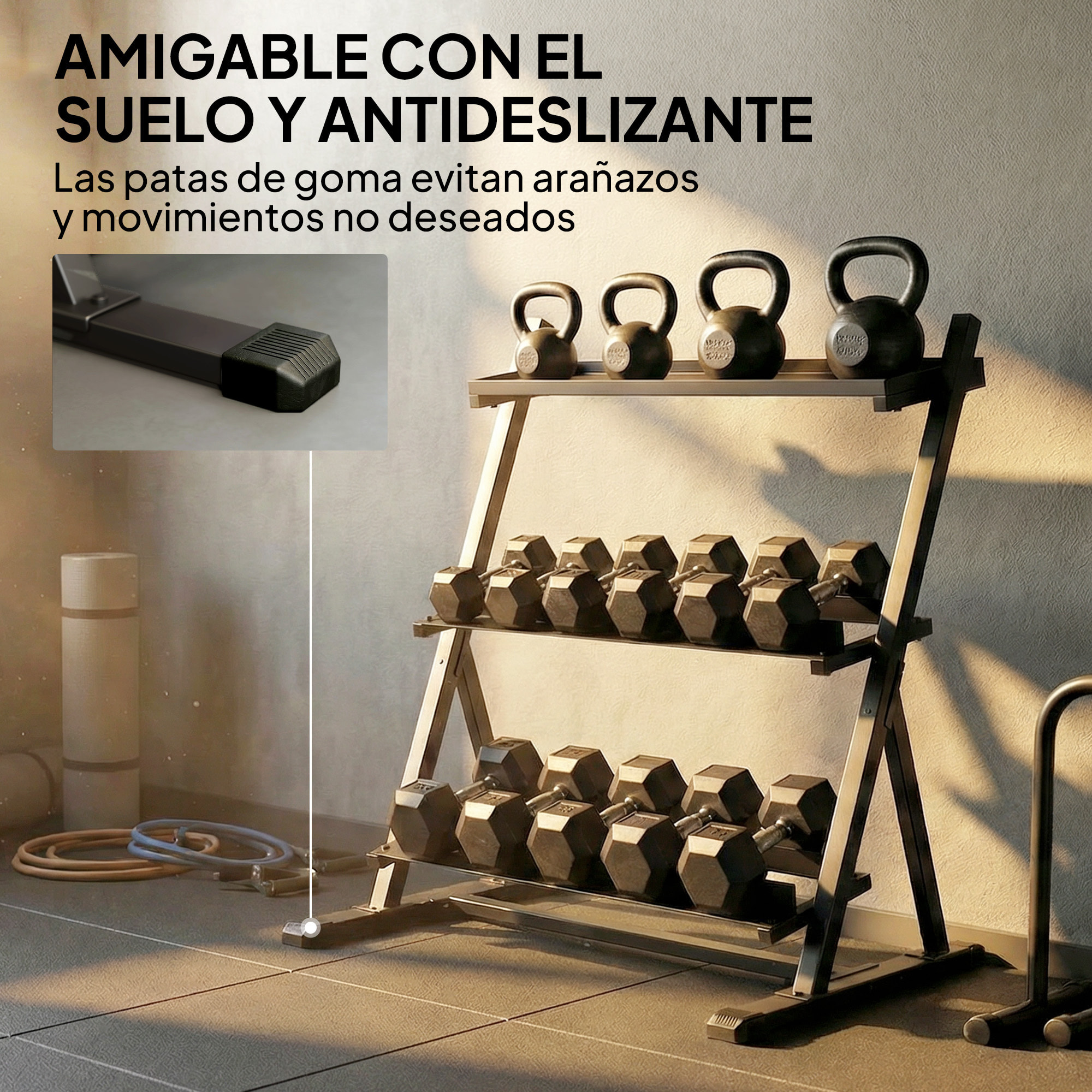 Soporte Mancuernas de 3 Niveles, Estante de Almacenamiento de Pesas de Acero con Barras Ajustables, para Entrenamiento en Gimnasio Casa, Carga 200 kg, 88x66x88 cm