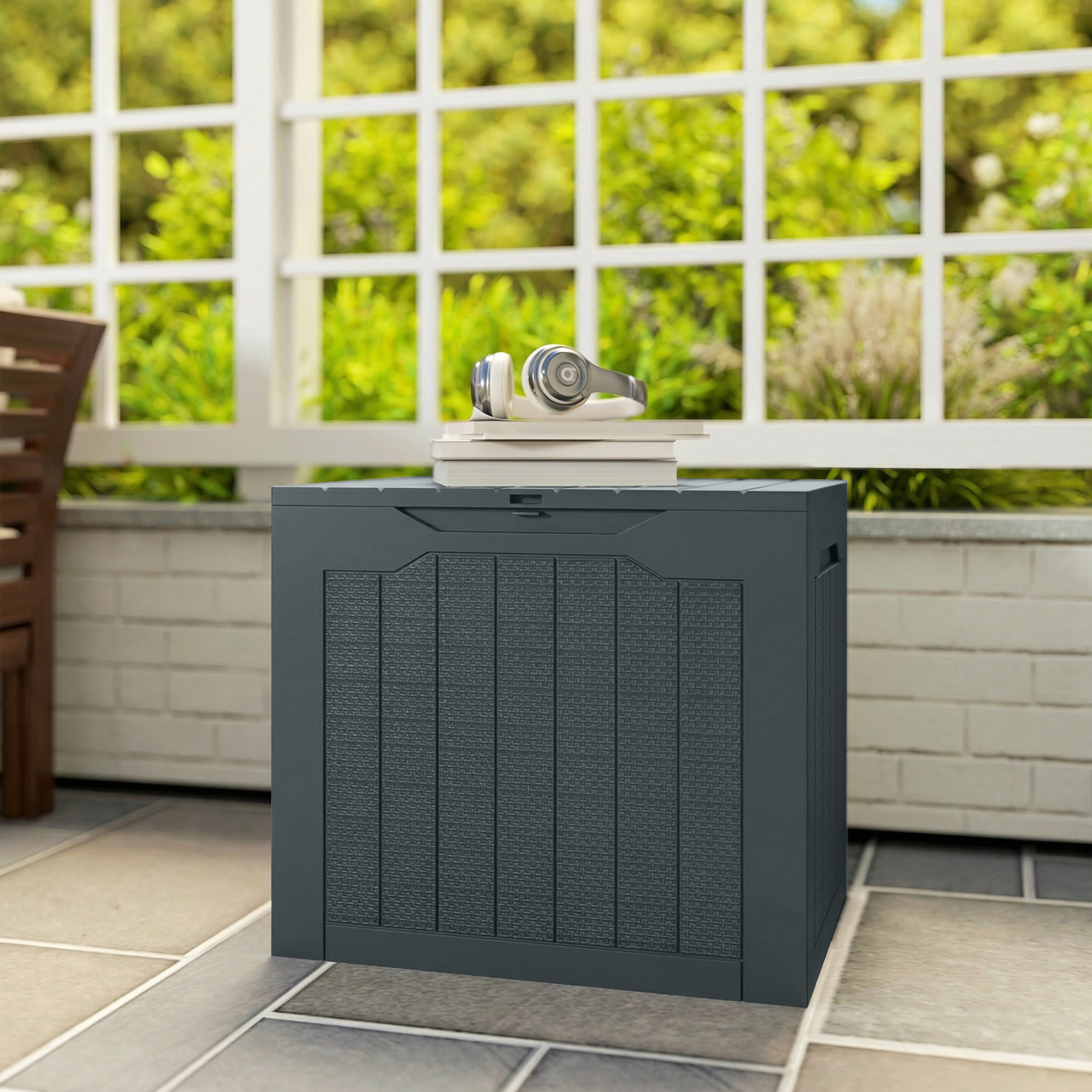 Coffre de jardin 93L dim. 56 x 41 x 50 cm effet rotin et bois anthracite