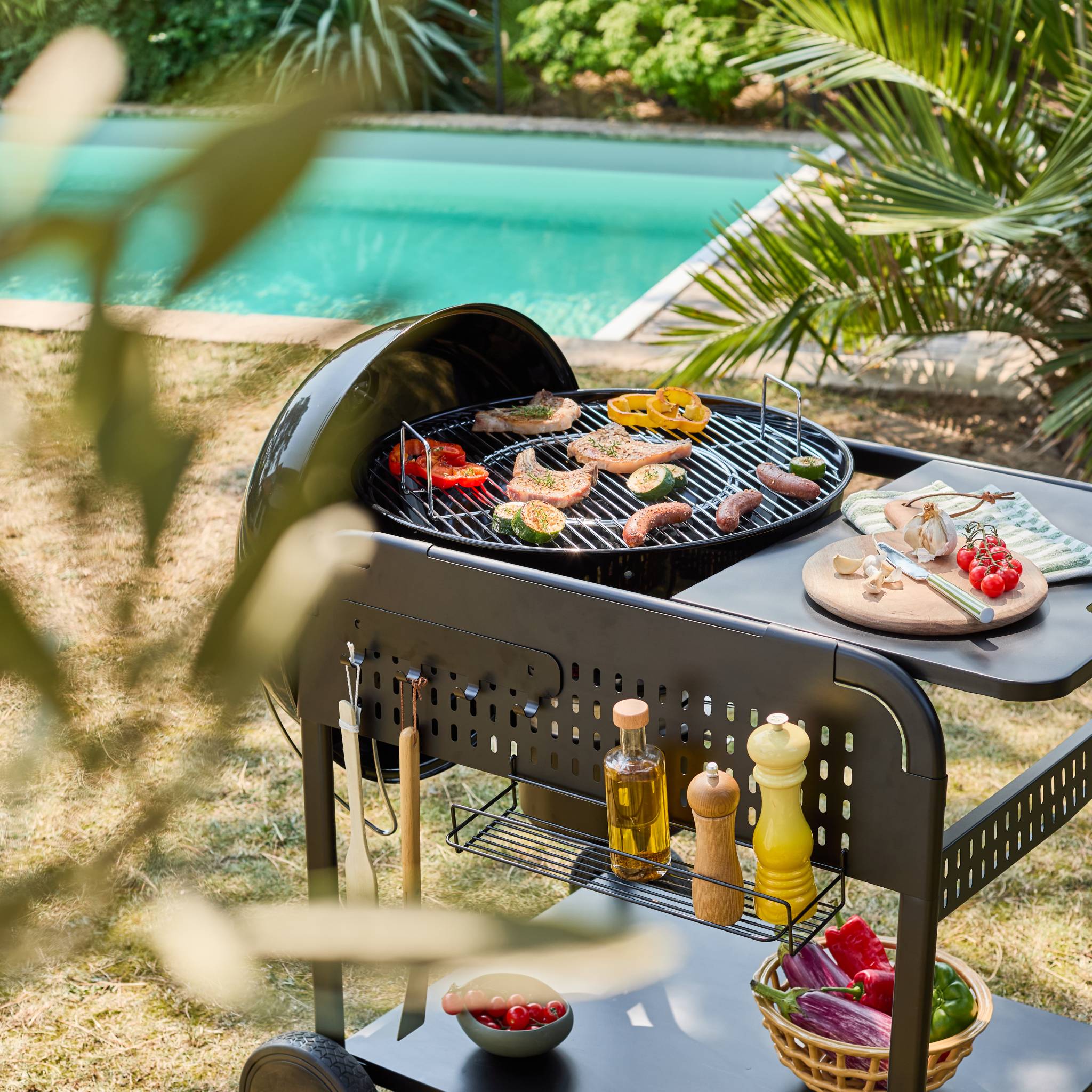 Barbecue rond charbon de bois acier émaillé Ø53cm avec chariot MAURICE