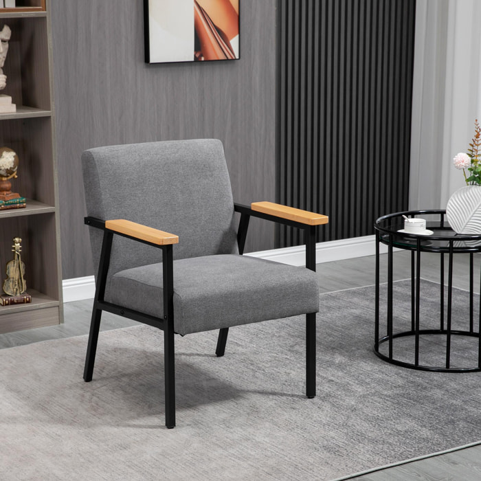 Fauteuil lounge style néo-rétro structure acier noir accoudoirs bois hévéa revêtement tissu aspect lin gris