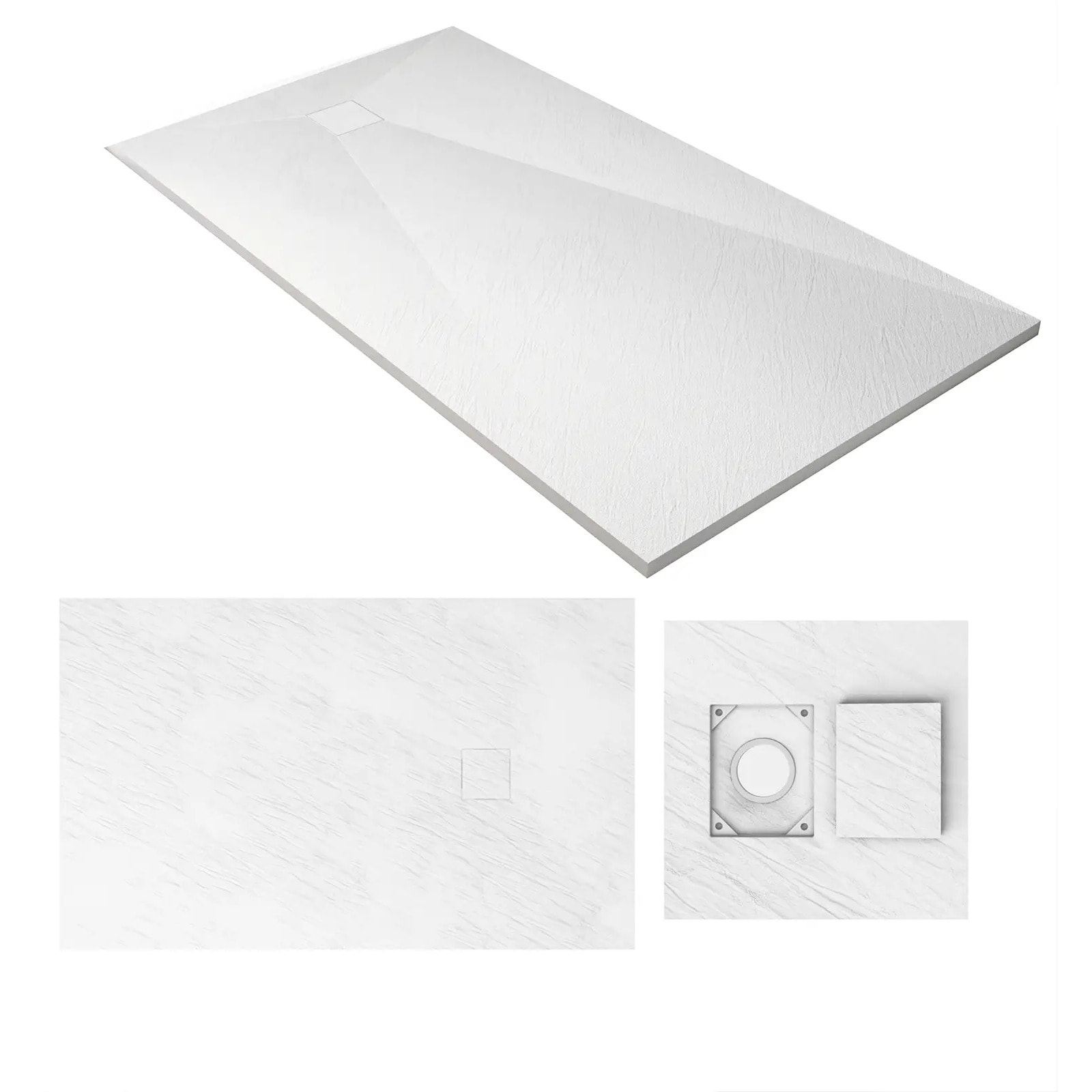 Receveur de douche 90x160x2.6 cm en SMC Finition Ardoise - Blanc Mat - ROCK 2 WHITE