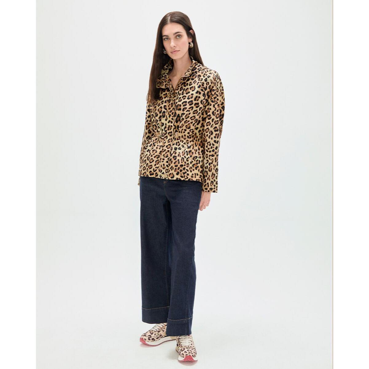 Parka tecnico corto con cappuccio stampa animalier
