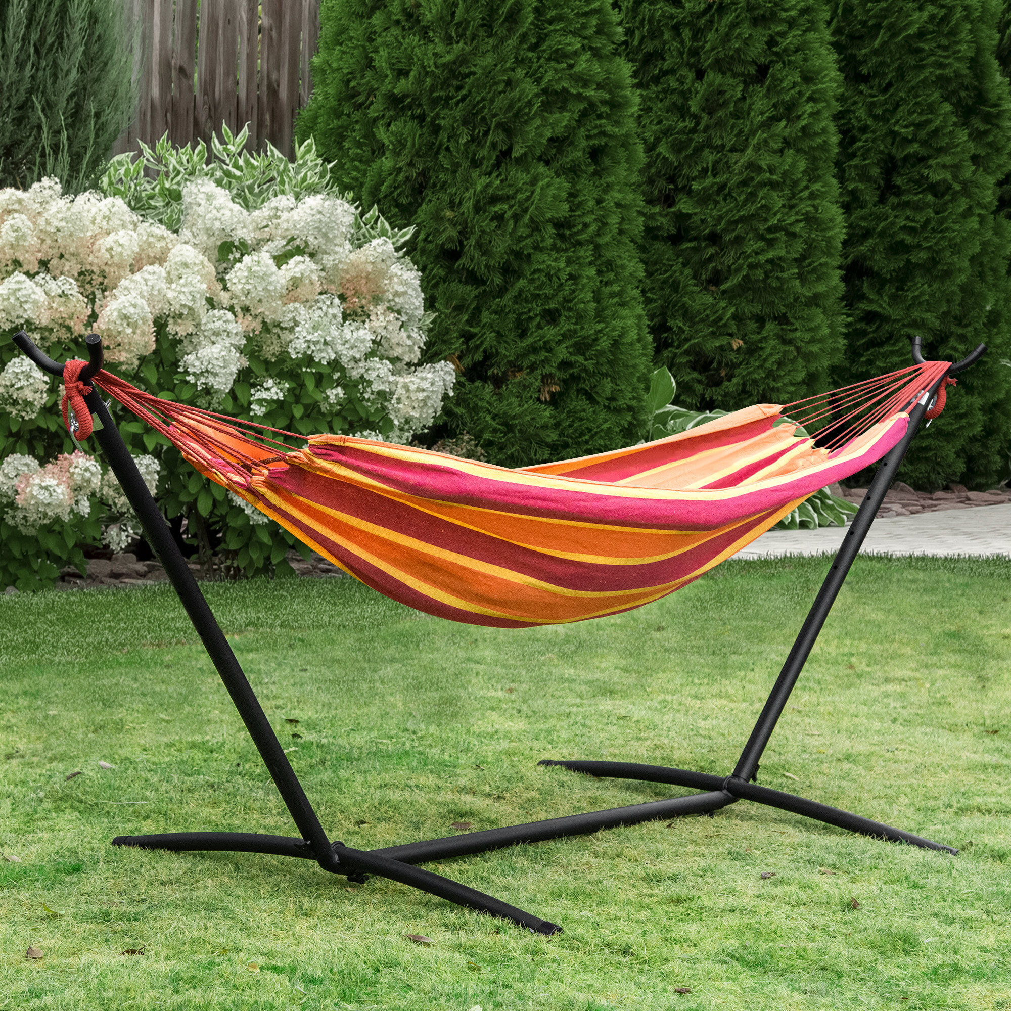 Hamaca con Soporte 310x117 cm Hamaca de Camping con Bolsa de Transporte Portátil Altura Ajustable Carga 120 kg para Patio Terraza Rayas Naranja y Rojo