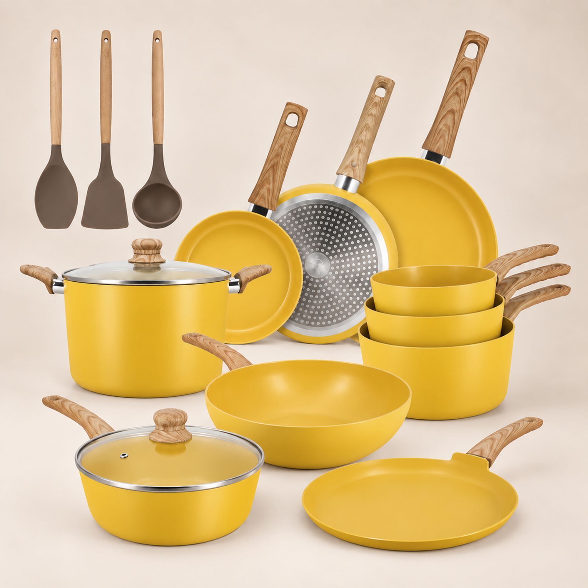 Batterie de cuisine 13 pièces en aluminium recyclé safran - tout feux COLORAMA