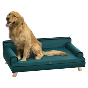 Canapé chien lit pour chien design scandinave coussin moelleux piètement bois dim. 100L x 62l x 32H cm polyester bleu canard