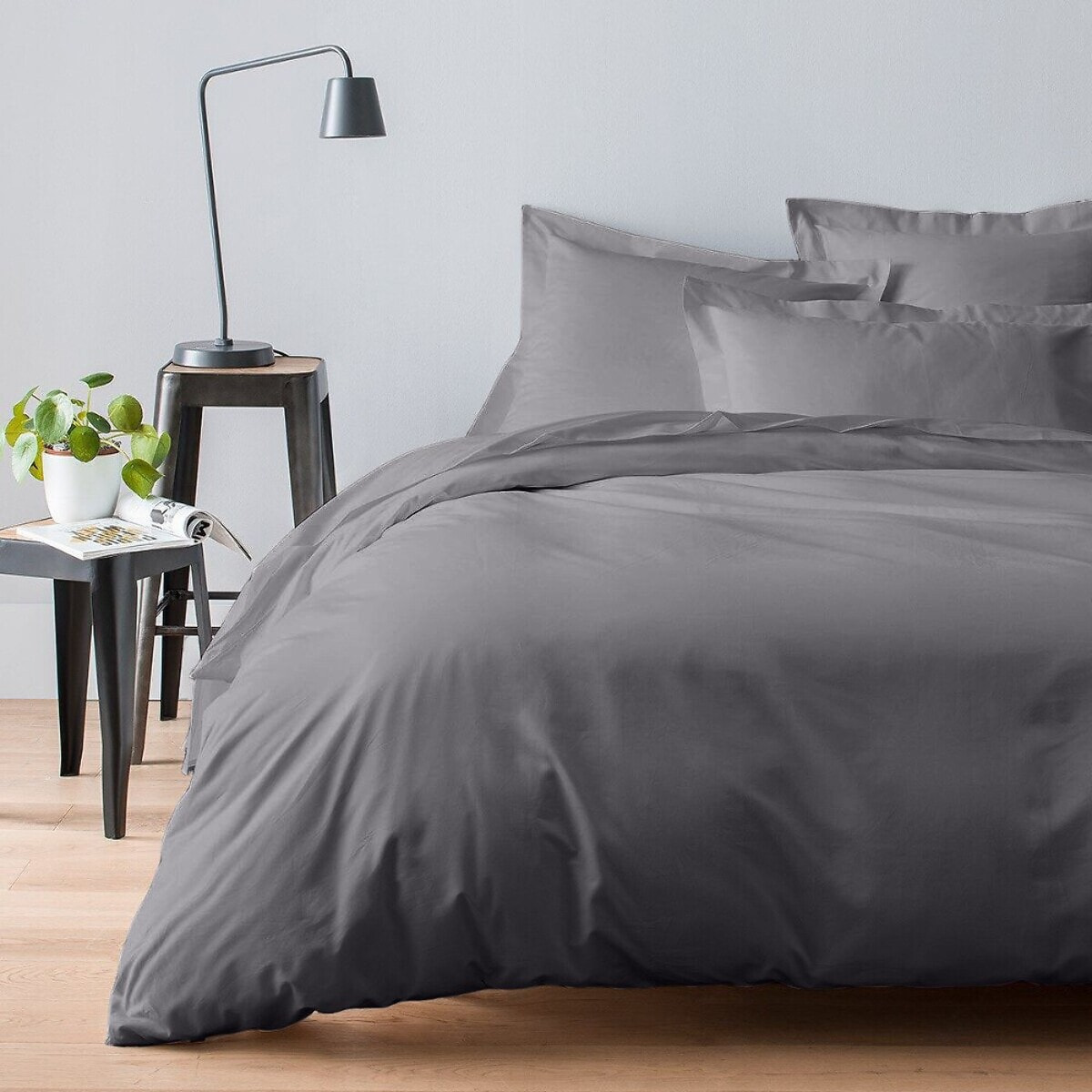 Housse De Couette 100% Satin de Coton lavé 105 Fils Gris Fonce