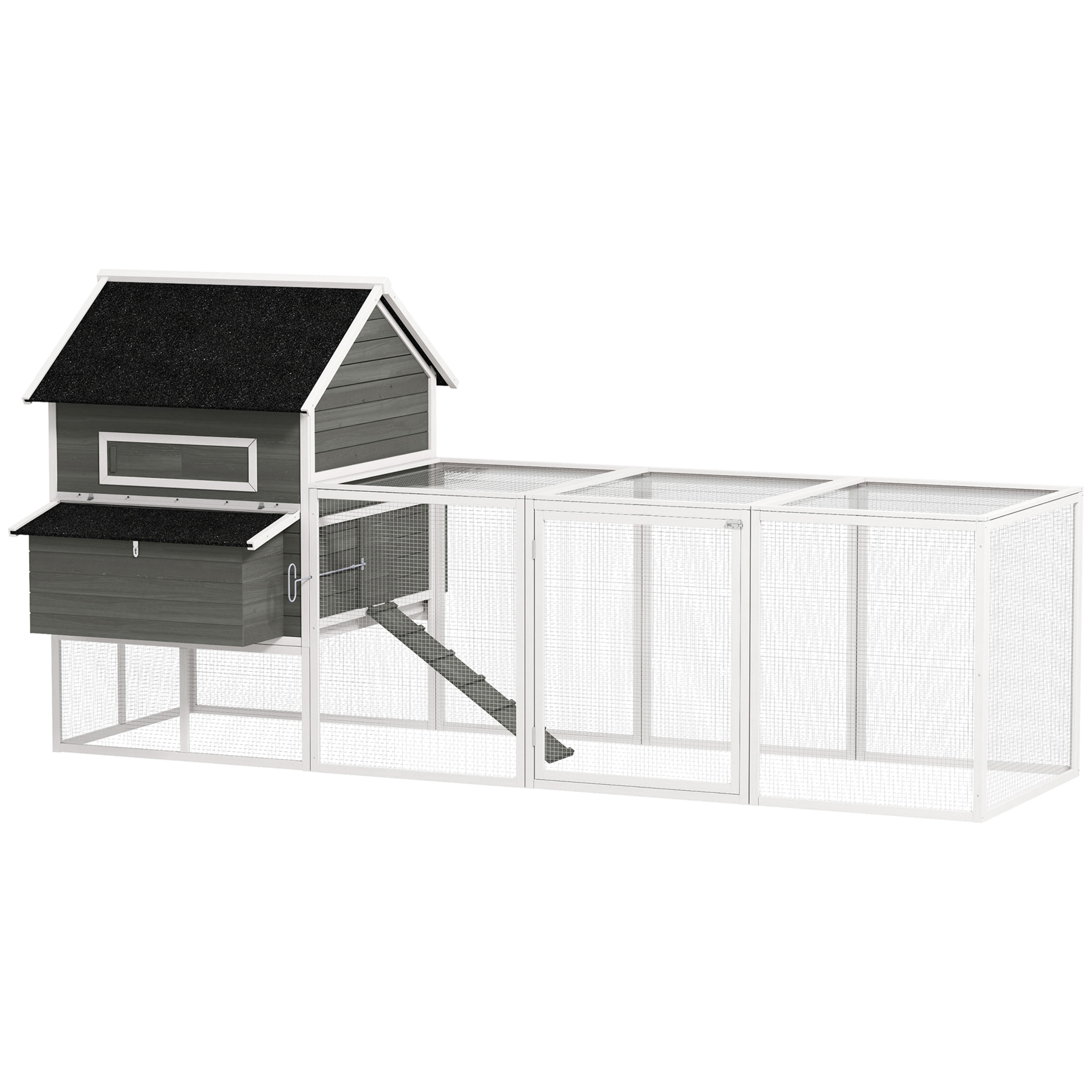 Gallinero de Madera Grande Exterior, Caseta para Gallinas con 2 Nidos, Corral, Techo Asfáltico, Bandeja Extraíble y Rampa, Casa Elevada para 8-10 Gallinas, Conejos, 347x160x150 cm, Gris Oscuro