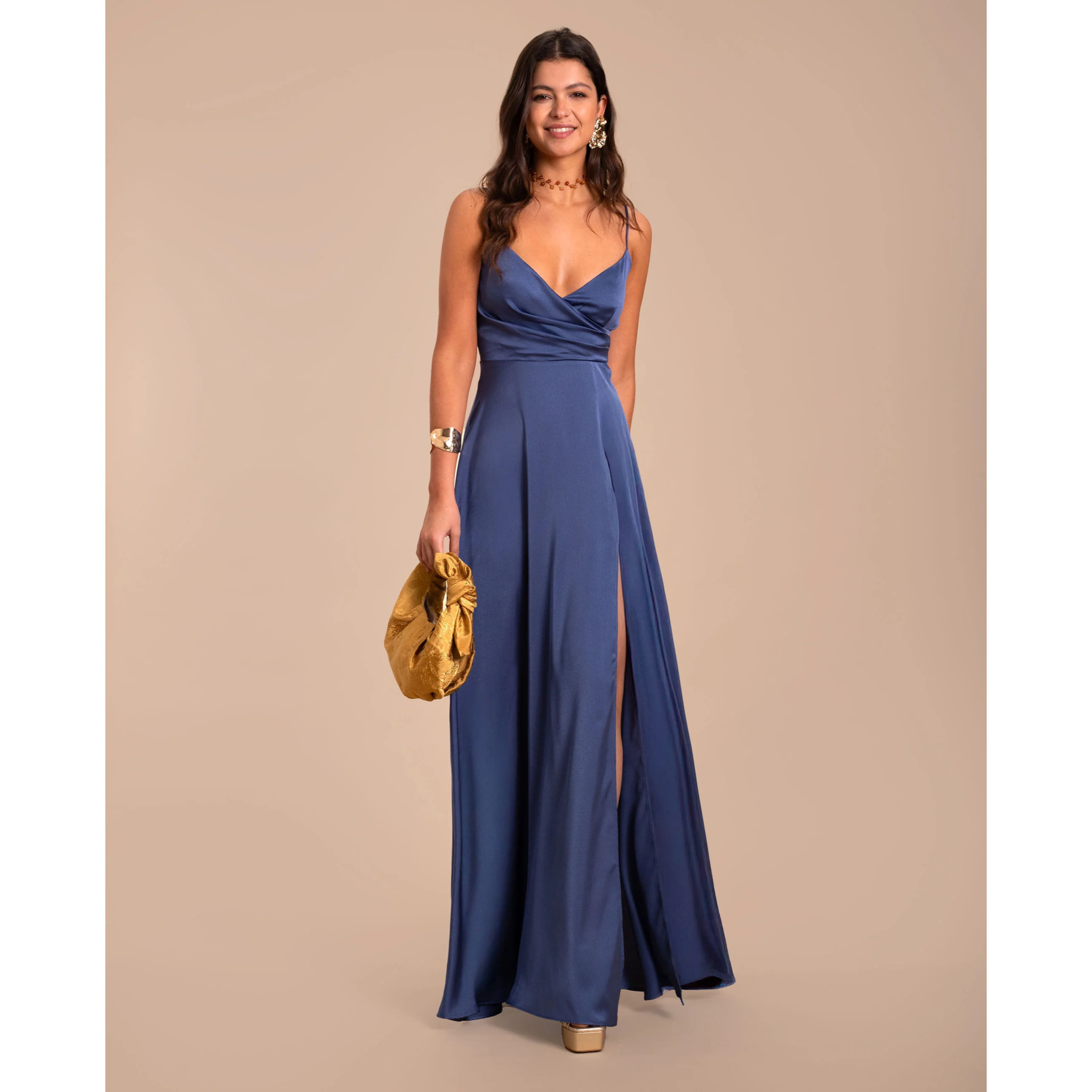 Vestido largo princesa de tirantes con escote drapeado