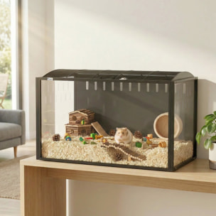 Cage hamster rongeur acier noir acrylique transparent toit ouvrant 105x51x53cm