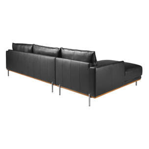 Sofá chaise longue Angel Cerdá izquierda de 5 plazas tapizado en piel de origen vacuno en negro embellecedor de madera de haya vaporizada en nogal y patas de acero inoxidable oscurecido 295x160x83cm