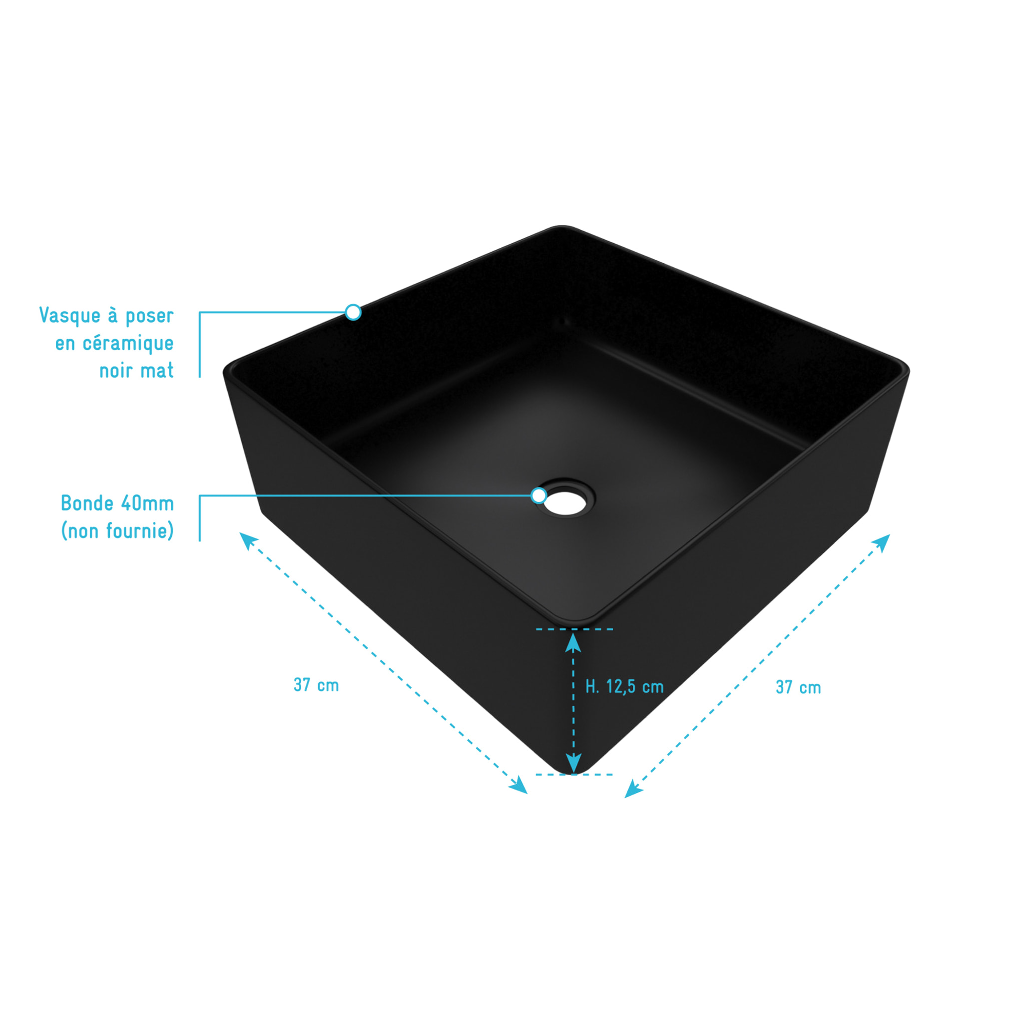 Vasque à poser rectangle en céramique noire - 36.5x36.5x10.7cm - SQUARISH DARK
