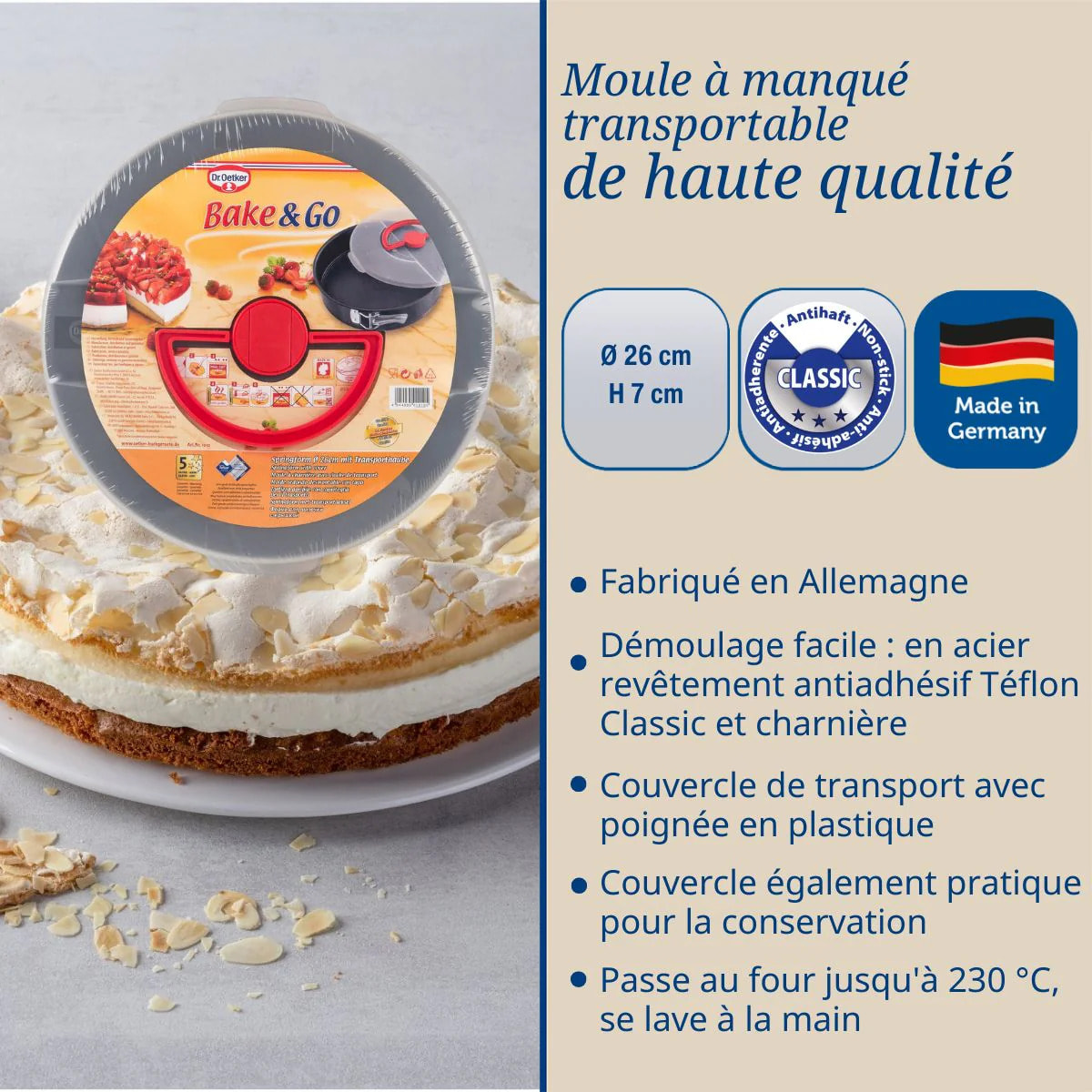 Moule à manqué à charnière 26 cm avec couvercle de transport Dr. Oetker Bake and Go