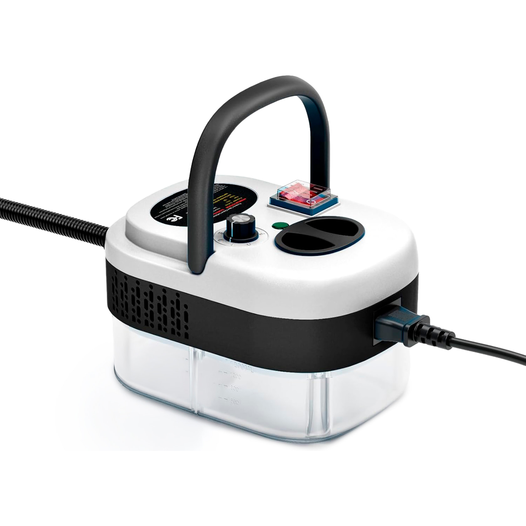 Limpiador de vapor de 2500W con vapor a 105°C y 3 bares de presión. Depósito de 900 ml con 6 niveles de vapor. Incluye 7 cabezales.