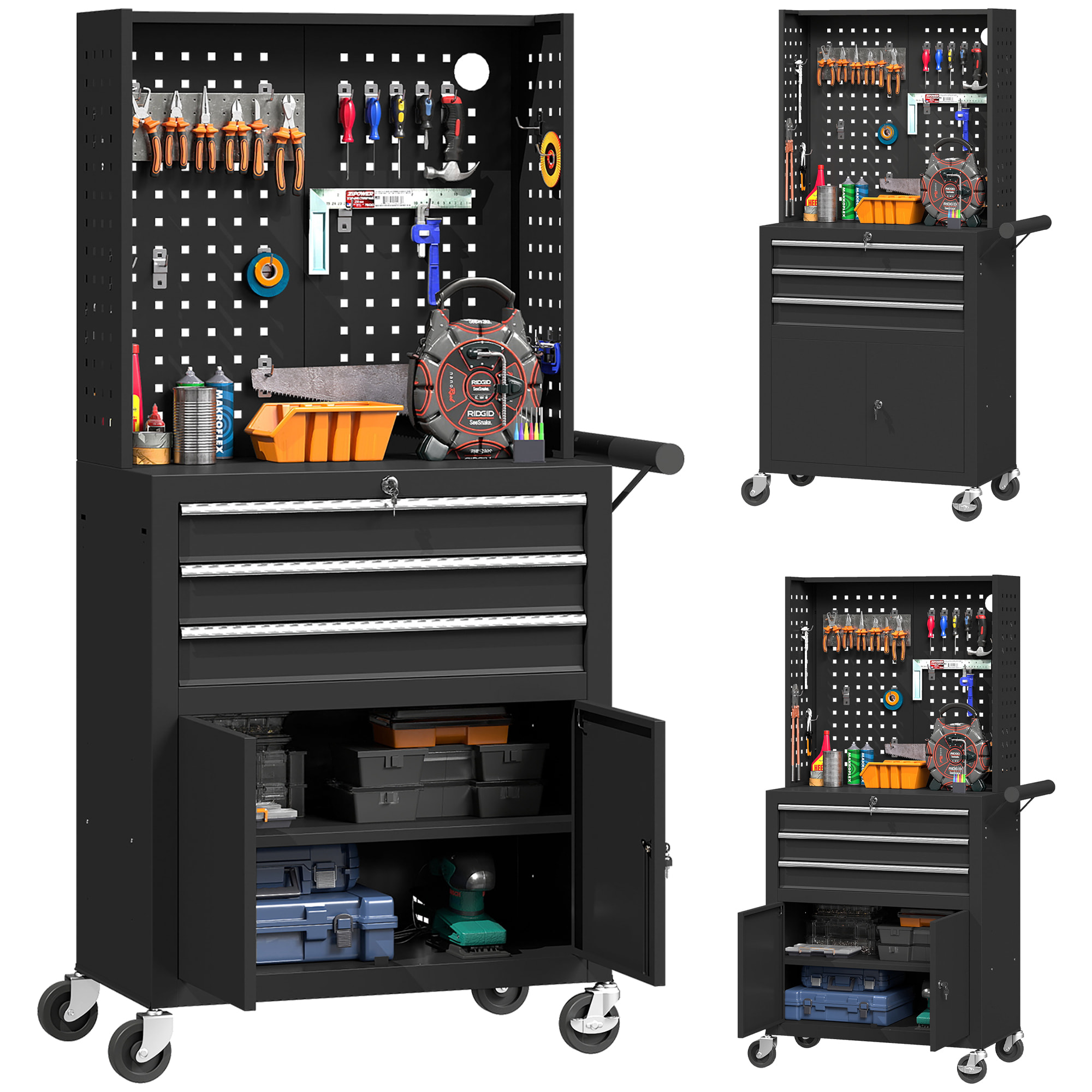 Carro de Herramientas con 3 Cajones y Tabla de Pegboard, Carro de Taller, Cerradura por Llave, Estante Ajustable, 2 Ruedas con Freno de Bloqueo, Negro