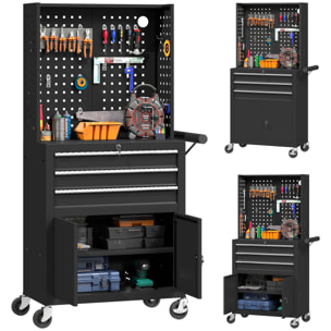 Carro de Herramientas con 3 Cajones y Tabla de Pegboard, Carro de Taller, Cerradura por Llave, Estante Ajustable, 2 Ruedas con Freno de Bloqueo, Negro