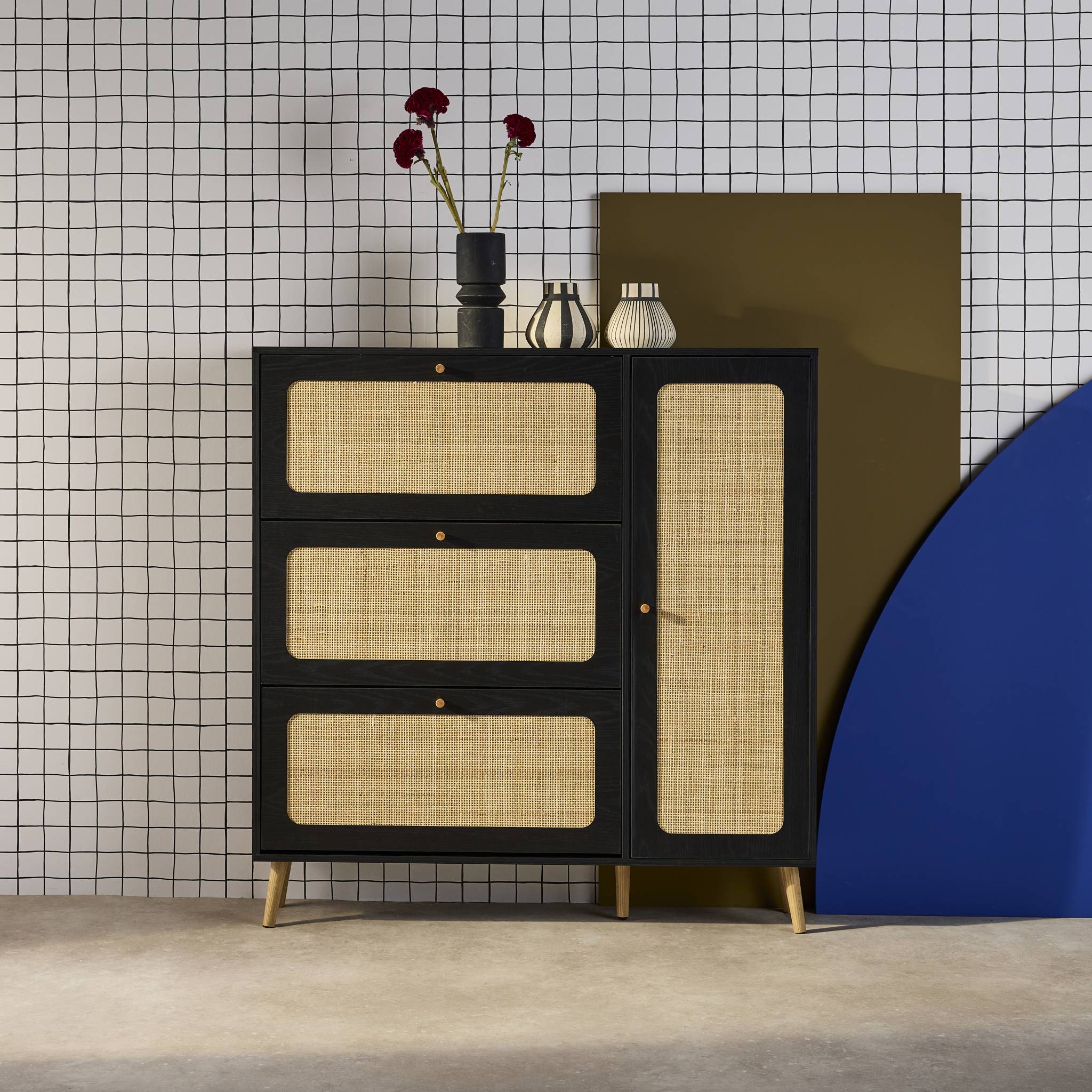 Meuble à chaussures décor bois et cannage 3 abattants 1 porte BOHÈME