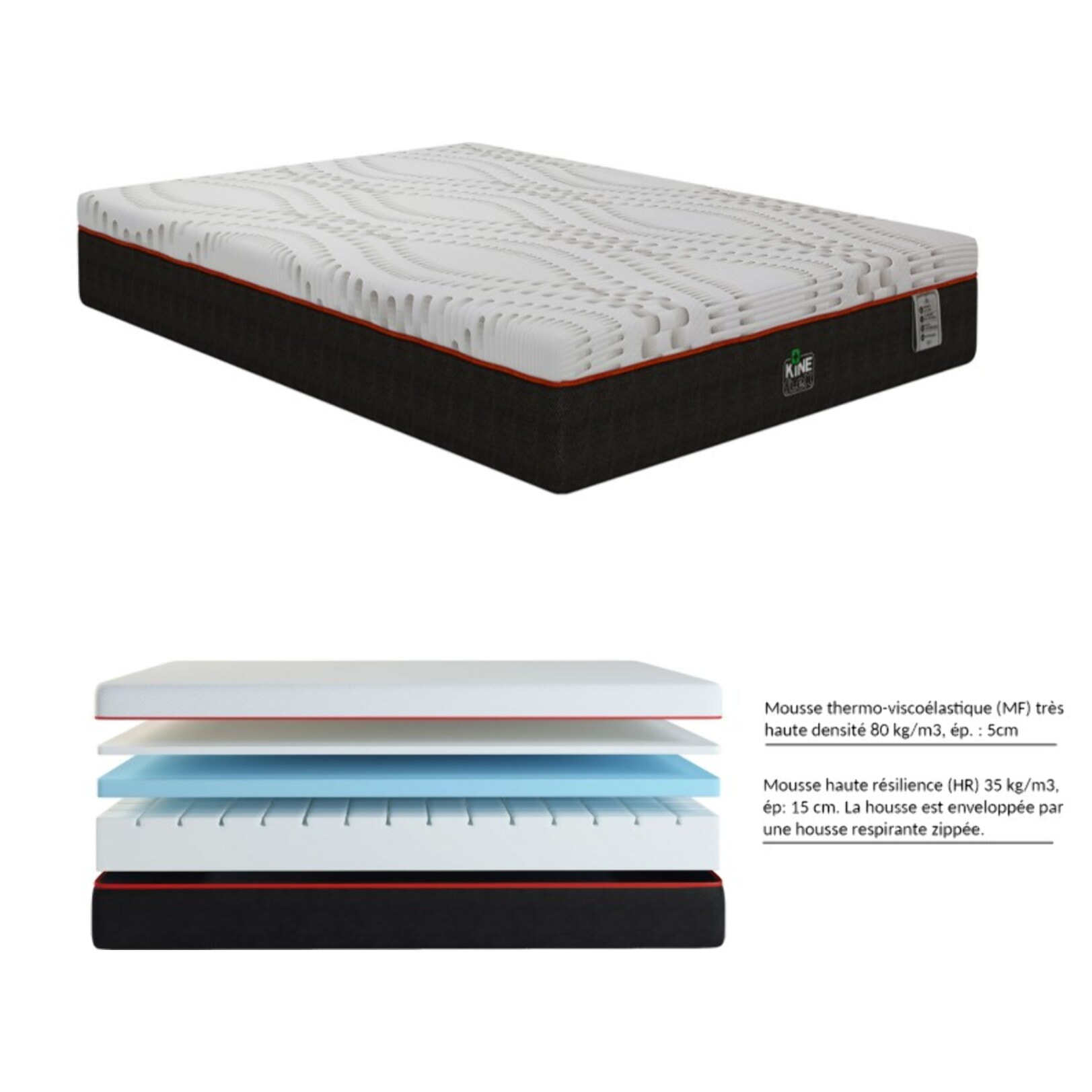 Ensemble Matelas Kineflex & sommier déco | Mémoire de forme et Aloe Vera rafraîchissant | Cadre à lattes | Tissu | Gris clair