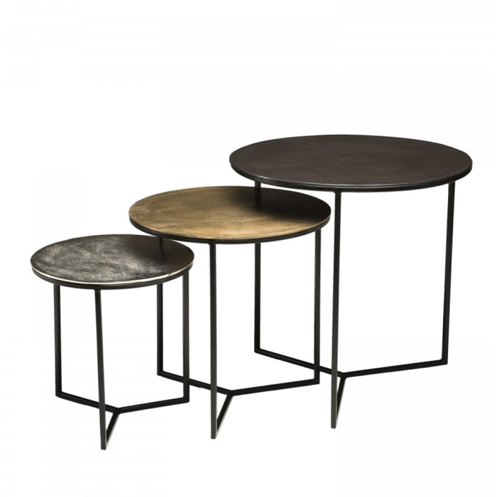 JONAS - Set de 3 tables gigognes rondes aluminium noir doré argenté - pieds métal noir