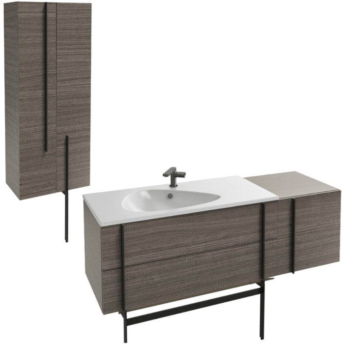 Meuble vasque 145 cm Nouvelle Vague chene tranché + tiroir rack + colonne 2 portes + pied