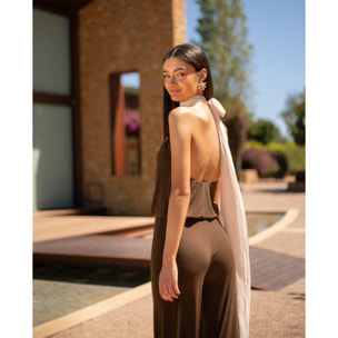 Mono largo de punto con cuello halter y pierna ancha