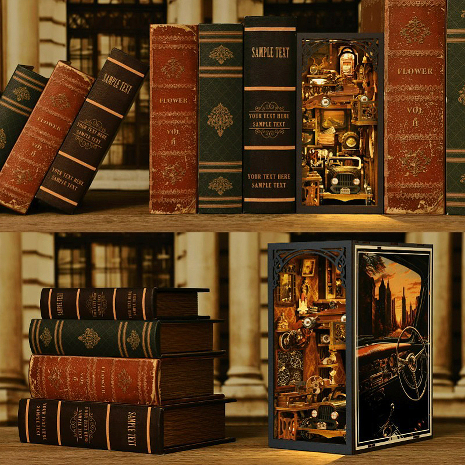 Coleccionistas de coches. Book Nook de madera, diseño 3D realista con gran detalle, cubierta y luces led. 455 piezas.