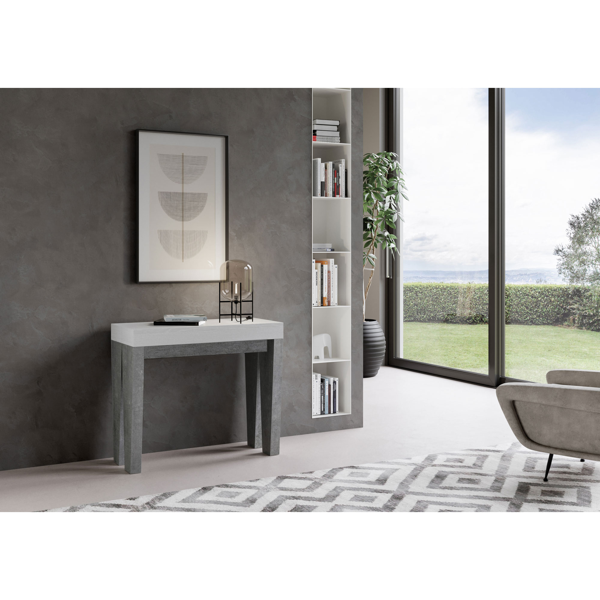 Console Spimbo Small cm.90x42 (extensible à 196) dessus Frêne Blanc structure Ciment