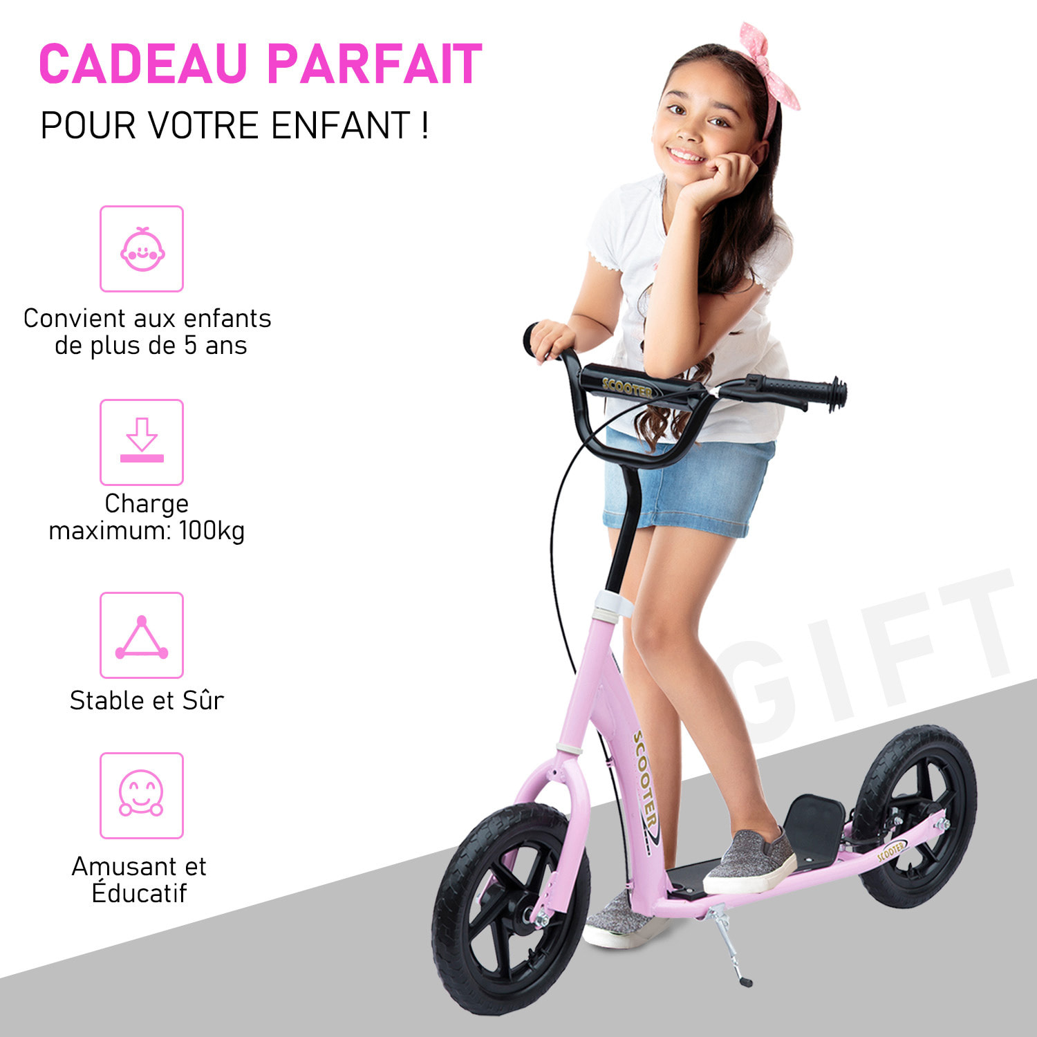 Trottinette patinette pneus 30 cm hauteur guidon réglable poignée frein et béquille acier rose