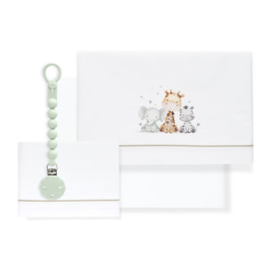 Juego de Sábanas para Cuna mod. Estampado Jirafa Elefante con Broche Muselina