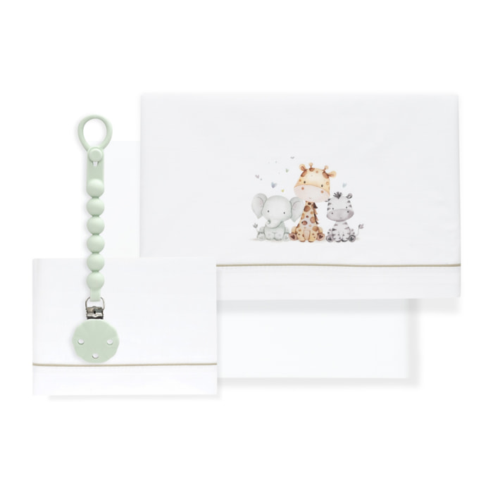 Juego de Sábanas para Cuna mod. Estampado Jirafa Elefante con Broche Muselina