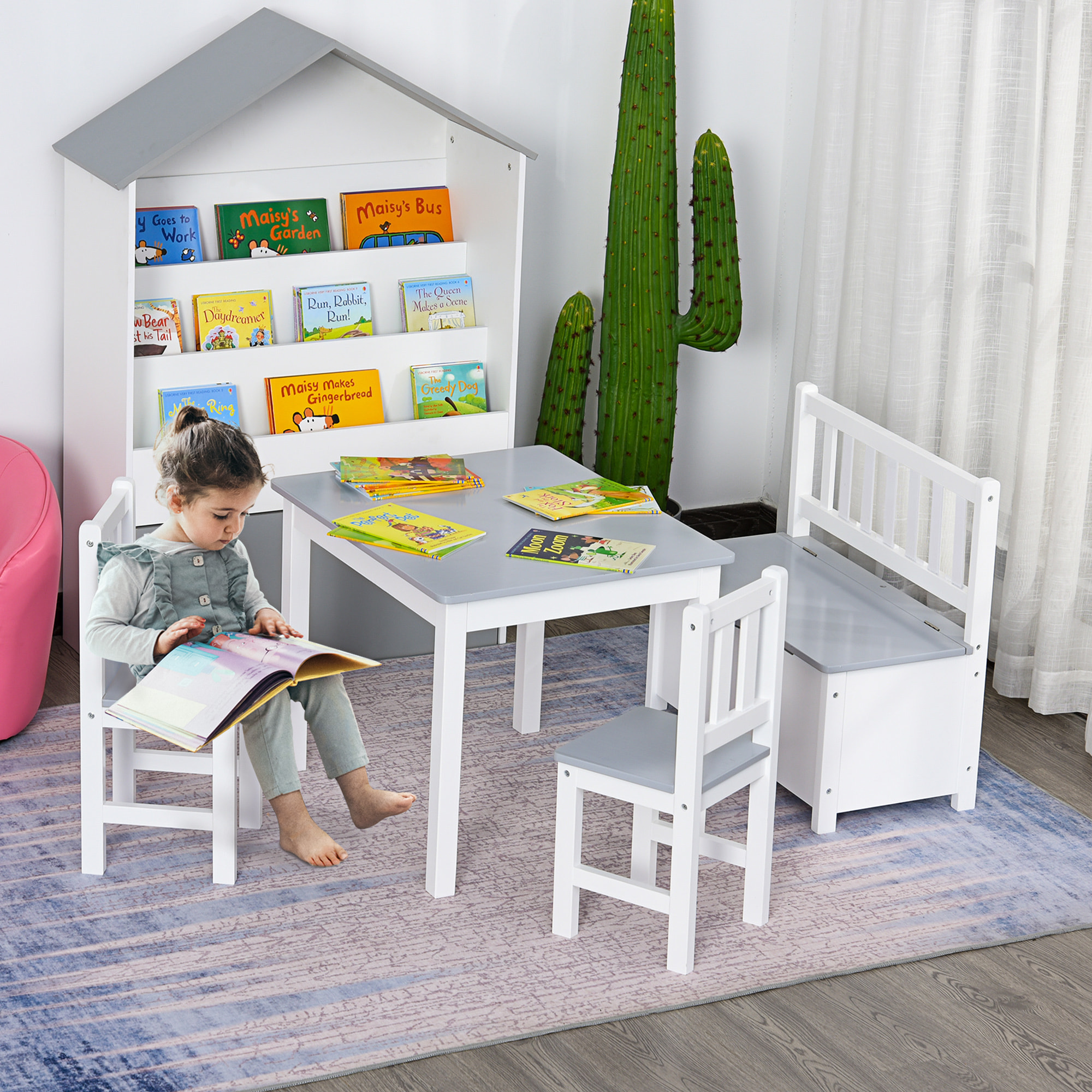 Ensemble de table et chaises enfant - set de 4 pièces - table, 2 chaises, banc coffre 2 en 1 - MDF pin blanc gris