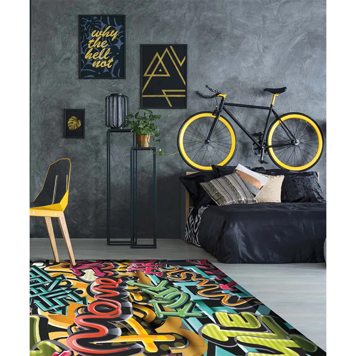 Tappeto arredo salotto soggiorno camera, stile moderno contemporaneo disegni scritte graffiti multicolore