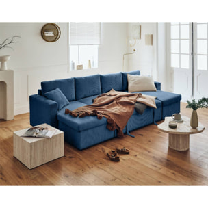 Cyrus - canapé panoramique en U - 7 places - convertible avec coffre - en velours côtelé - Bleu