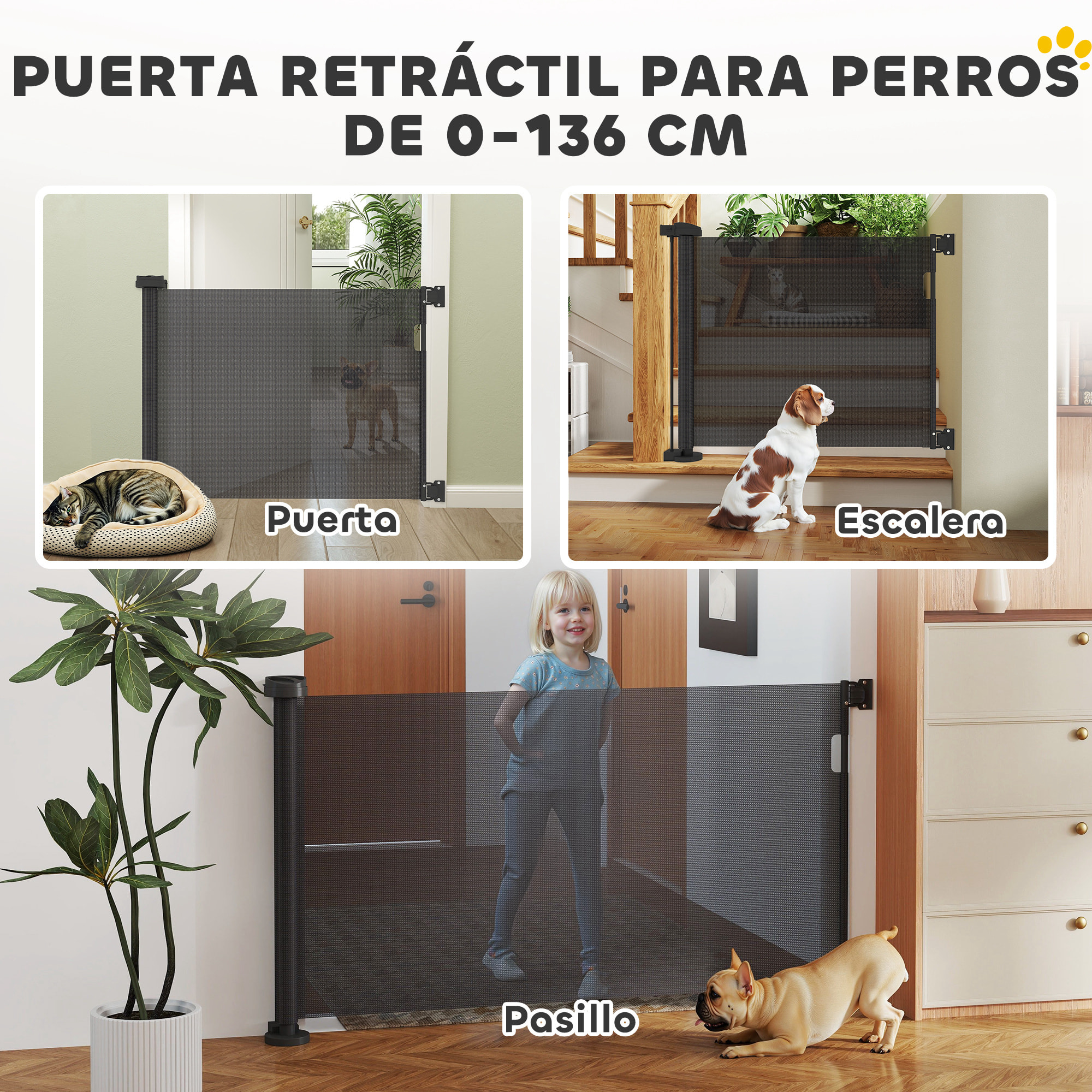Barrera de Seguridad para Perros Retráctil 0-136 cm Puerta para Perros Pequeños Extensible con Interruptor de Cierre Red de Seguridad para Pasillos Escaleras Interiores y Exteriores
