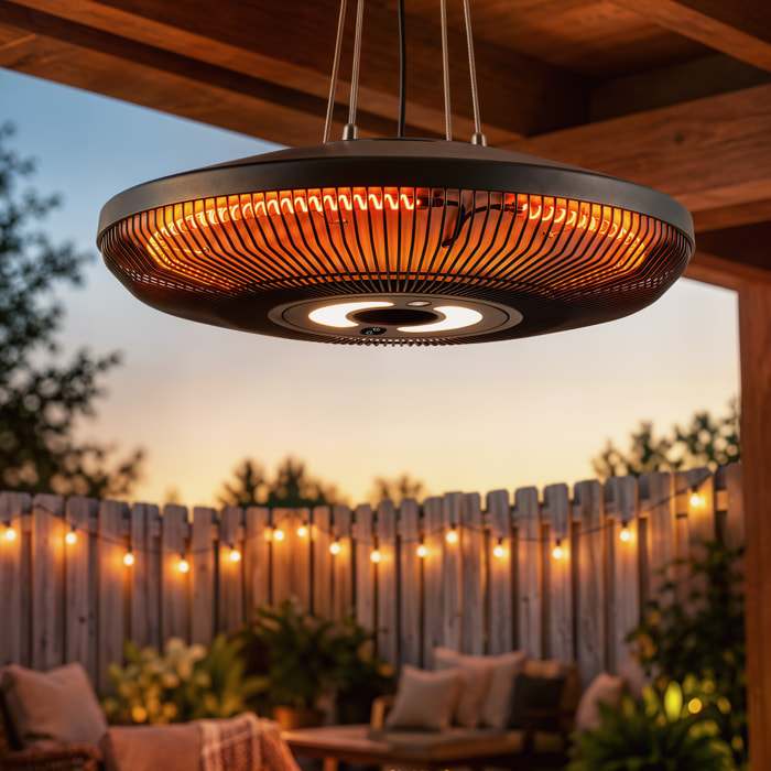Calefactor por Infrarrojos para Terraza Colgante 2000 W con Luz LED, Estufa Exterior Eléctrica con IP65, Control por Táctil/Mando a Distancia, 2 Niveles de Calor, Temporizador 24 h, Negro