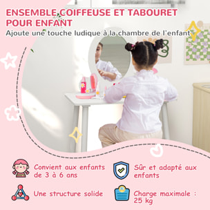 Ensemble coiffeuse pour enfants avec tabouret, coiffeuse 2 pièces pour enfants de 3 à 6 ans - blanc