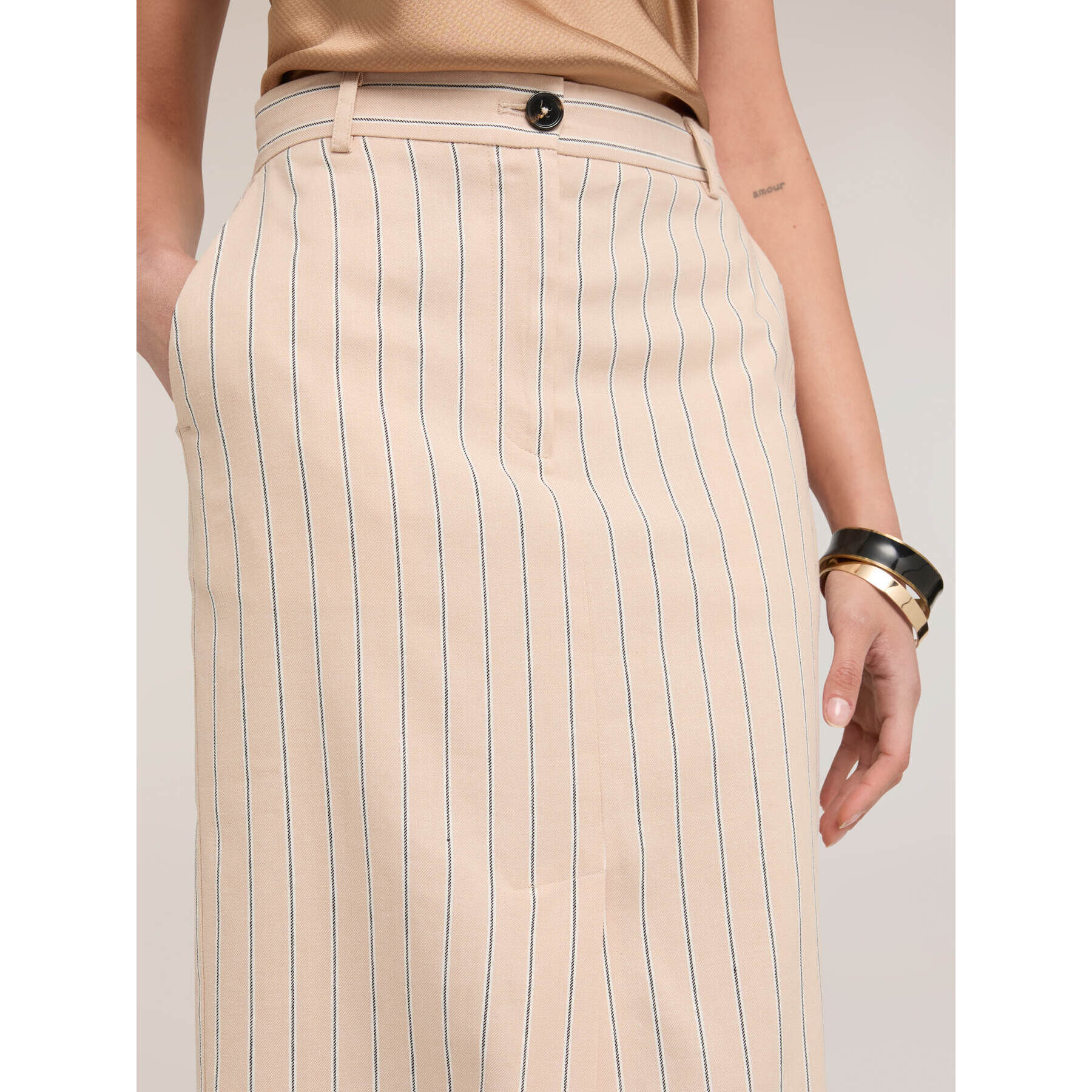 Motivi - Falda tubo de rayas en mezcla de lino - Beige