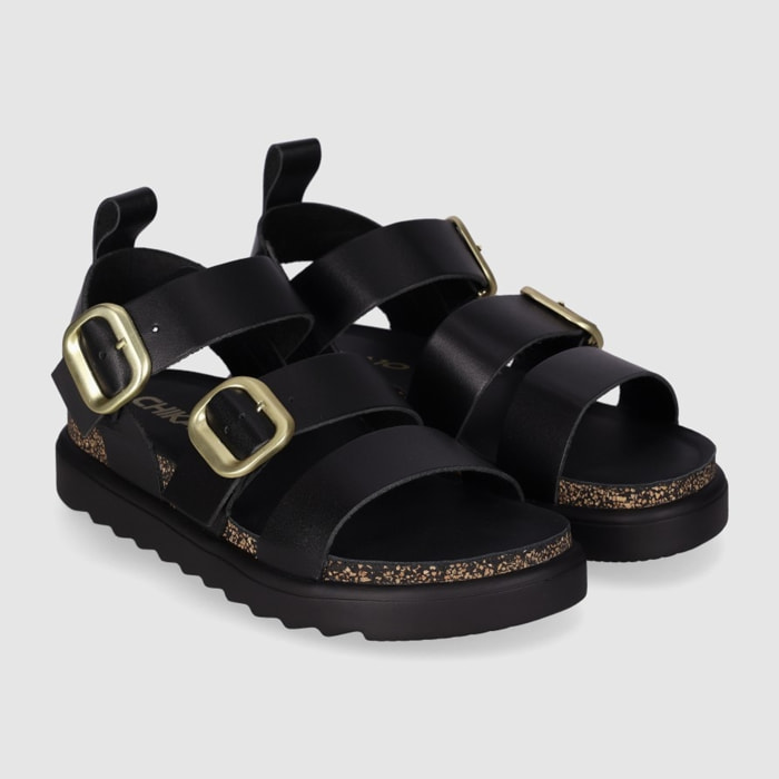 Sandalias de Piel - Negro - Tacón: Bajo
