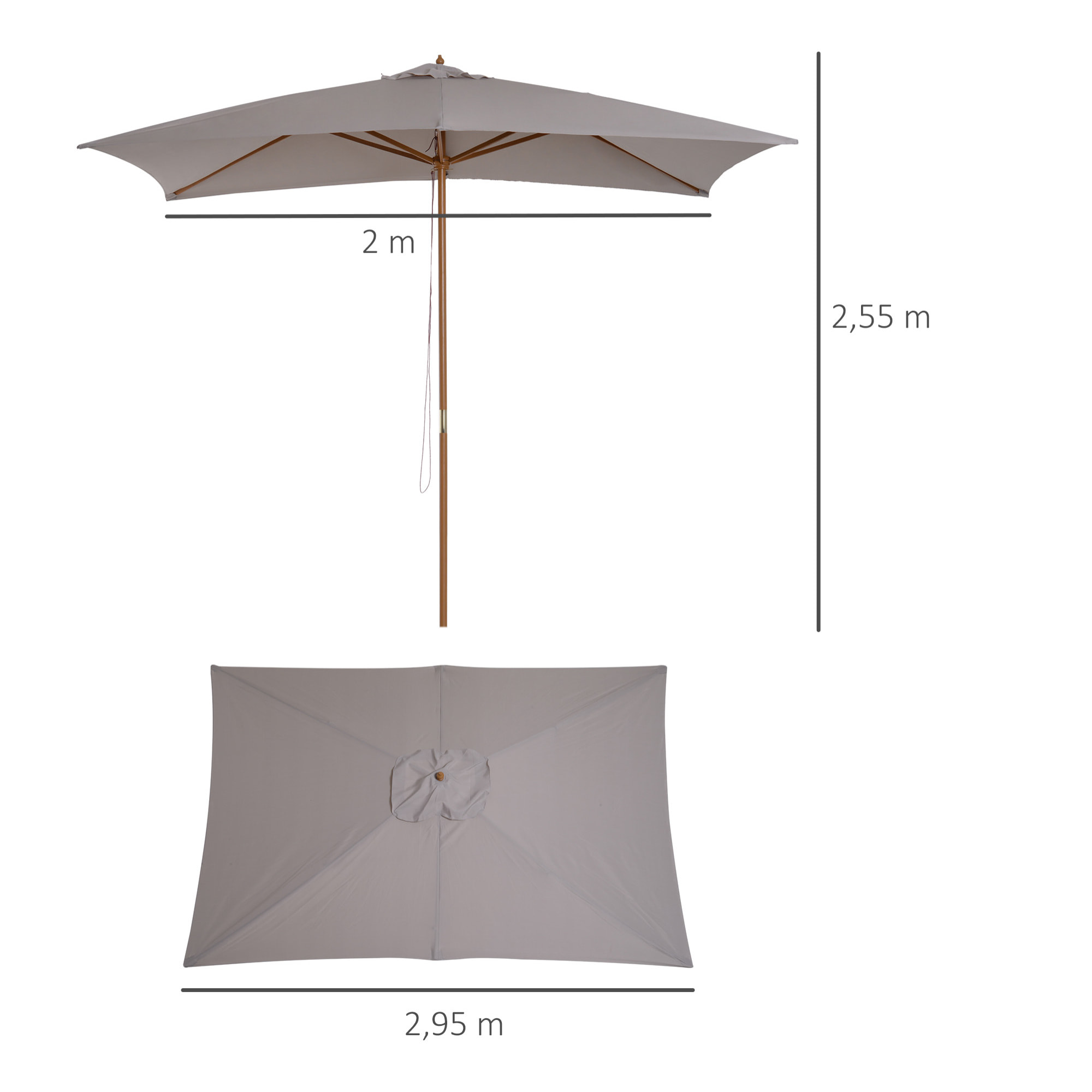 Sombrilla Terraza Exterior 295x200 cm Sombrilla de Jardín Rectangular Ajustable con Mástil de Madera y Manivela Impermeable Parasol para Patio Terraza Gris