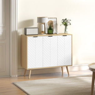 Aparador de Cocina Mueble Auxiliar de Cocina con 3 Puertas con Patrón de Espiga Patas de Madera y Estantes Ajustables Mueble Buffet para Comedor Salón 91,5x35x77,4 cm Blanco y Natural