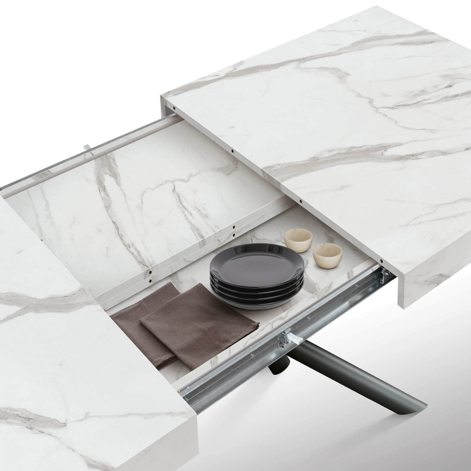 Tavolo CARRARA in legno, finitura bianco statuario e gambe in metallo nero, allungabile 140x90 cm - 220x90 cm