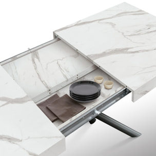 Tavolo CARRARA in legno, finitura bianco statuario e gambe in metallo nero, allungabile 140x90 cm - 220x90 cm