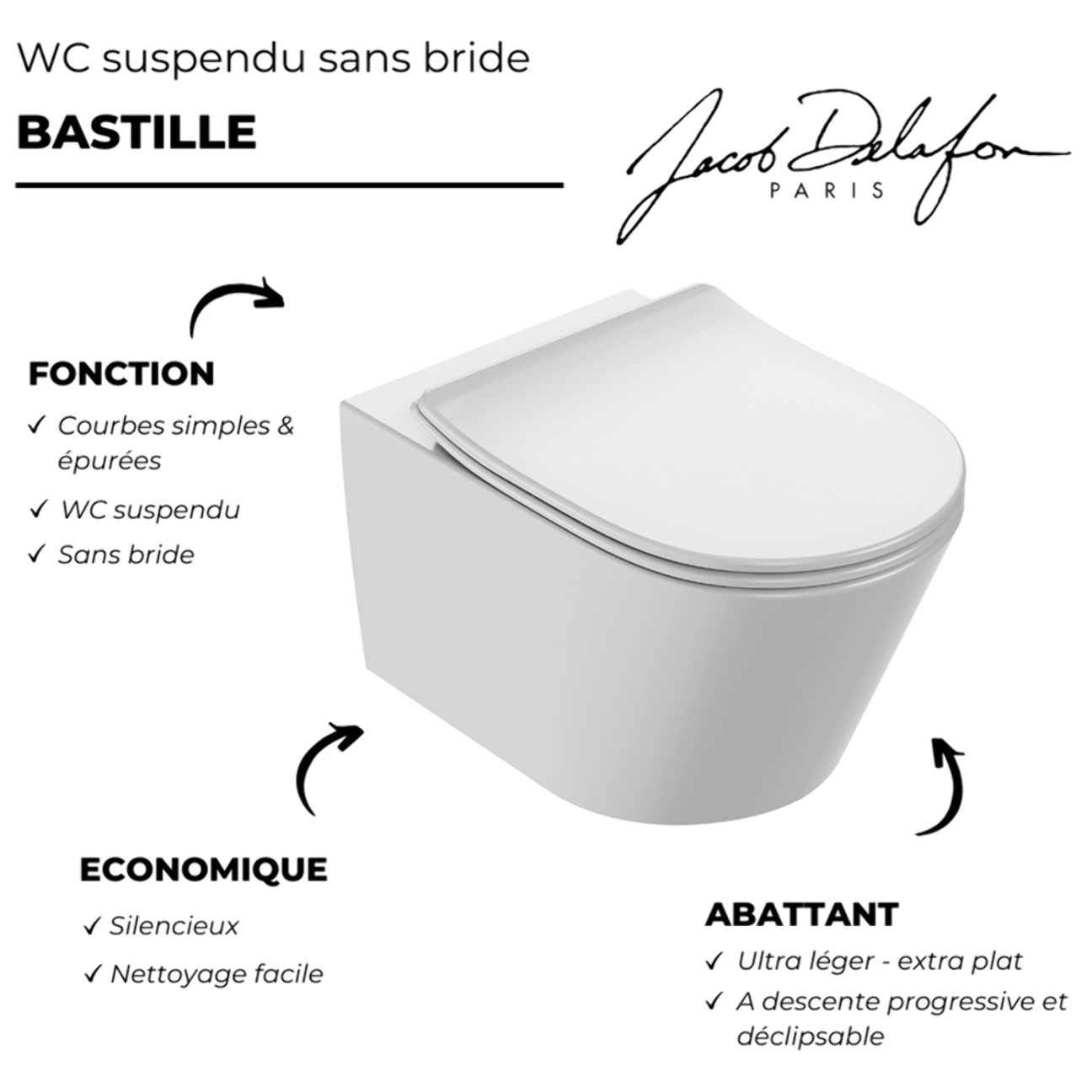 WC suspendu sans bride Bastille caréné + abattant