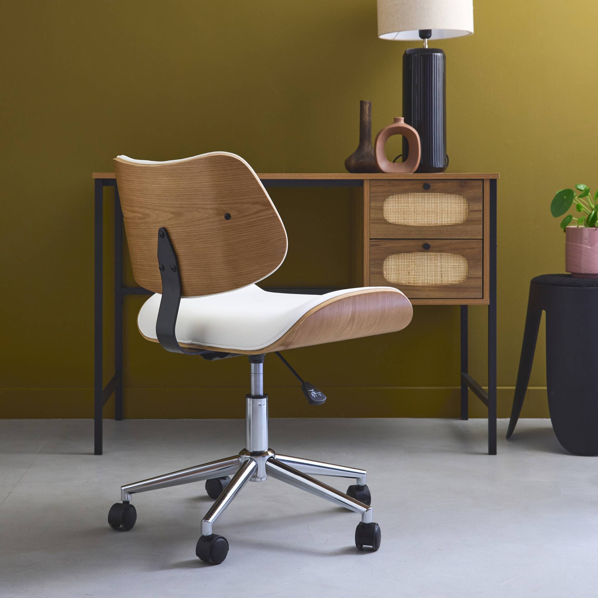 Chaise de bureau à roulettes décor bois courbé placage effet chêne et simili cuir blanc