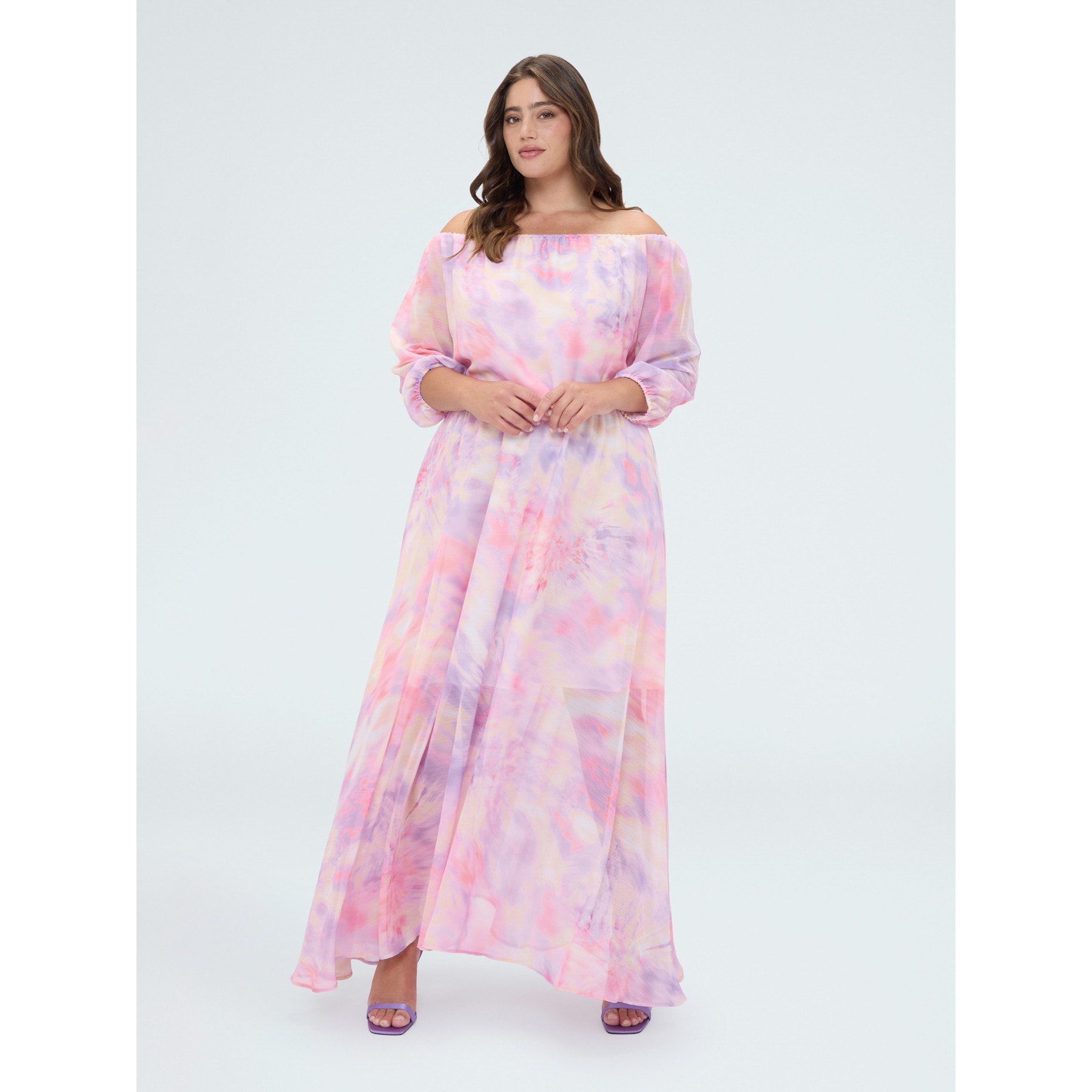 Fiorella Rubino - Vestito lungo off shoulder stampa sfumata - Rosa